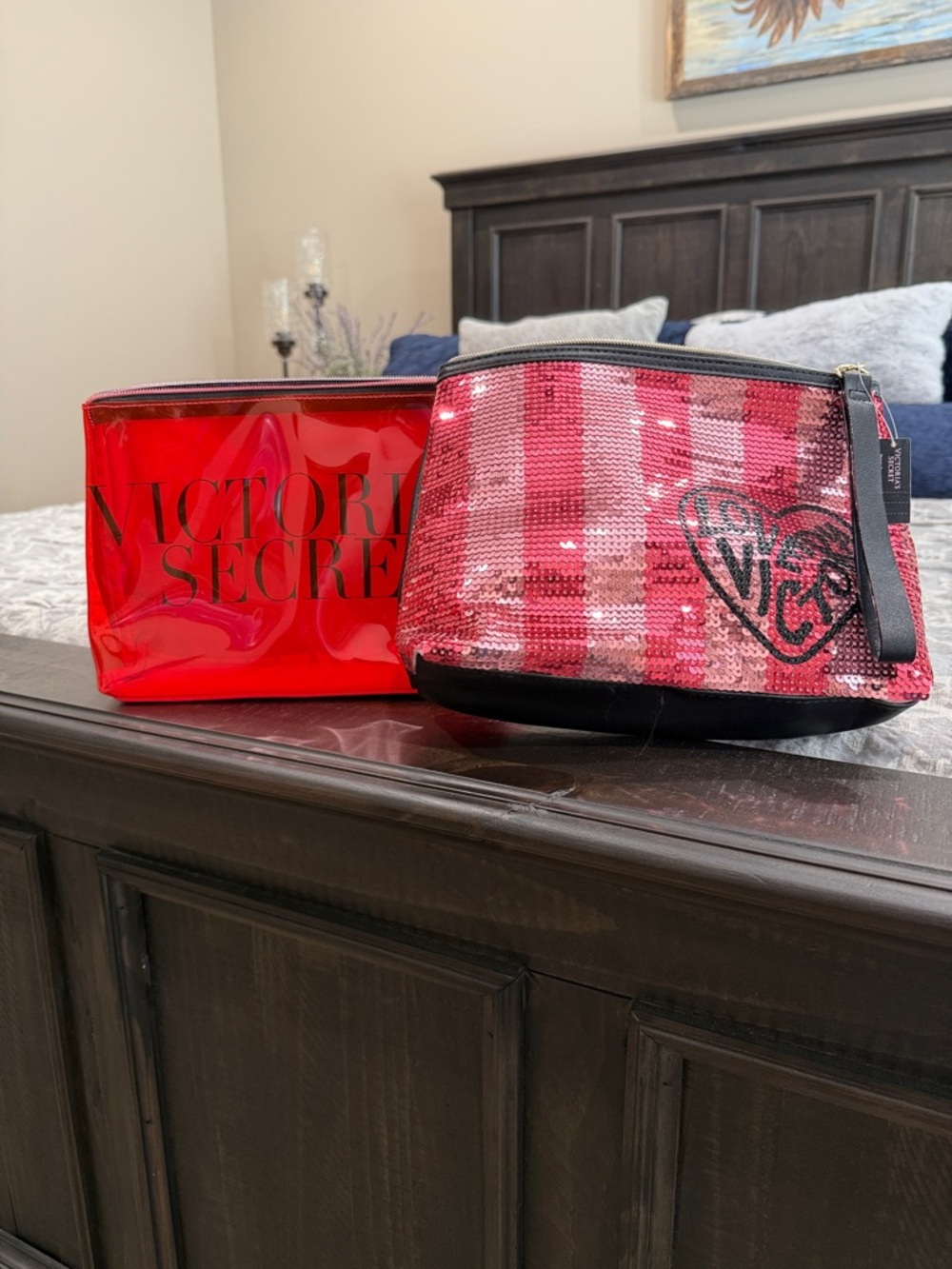 Brand New Victoria's Secret Red & Pink Sequin Cosmetic Pouch Set
